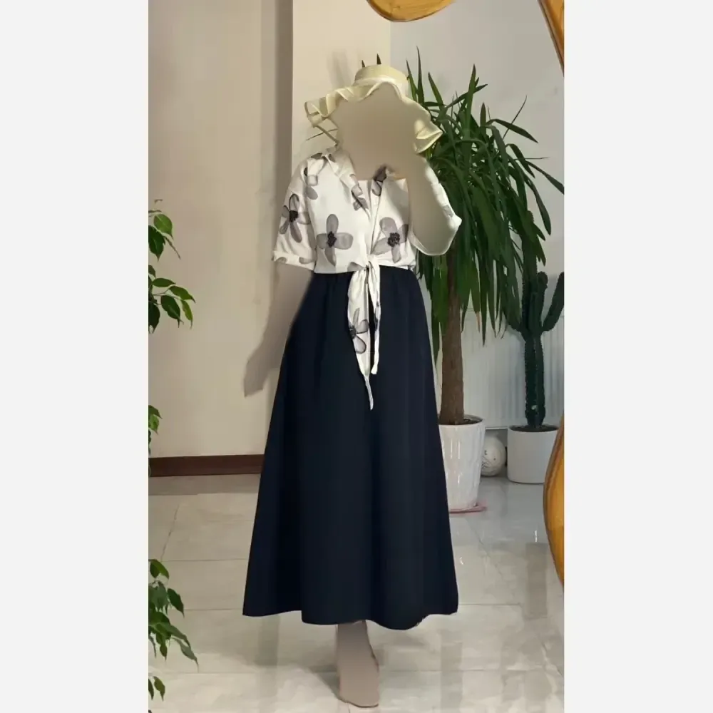 ست شومیز دامن گلی کرپ حریر و لنین فری سایز