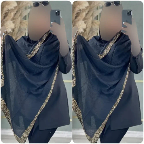 شال حاشیه پلنگی پلیسه ریز مشکی سایز 60 در 180 سانت