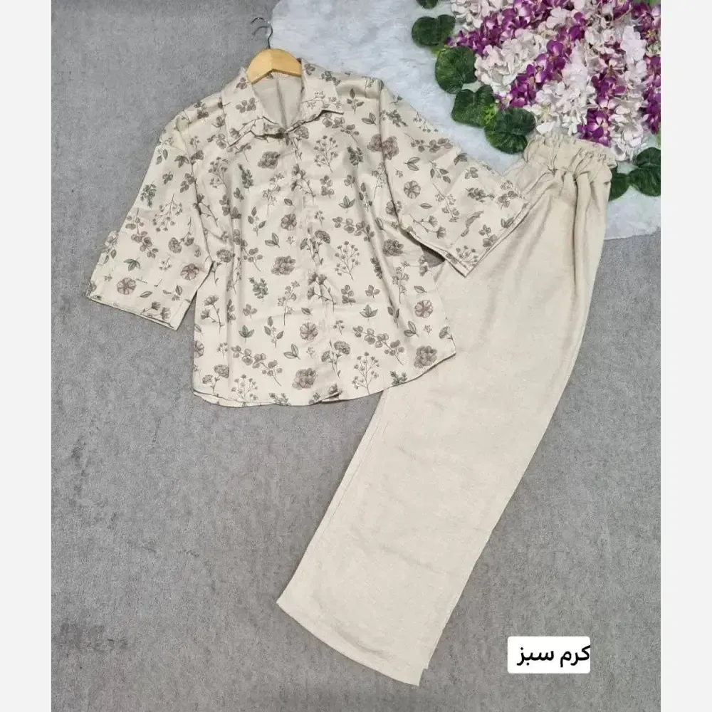 ست شومیز و شلوار زنانه طرح گلبرگ جنس شانتون درجه یک فری سایز