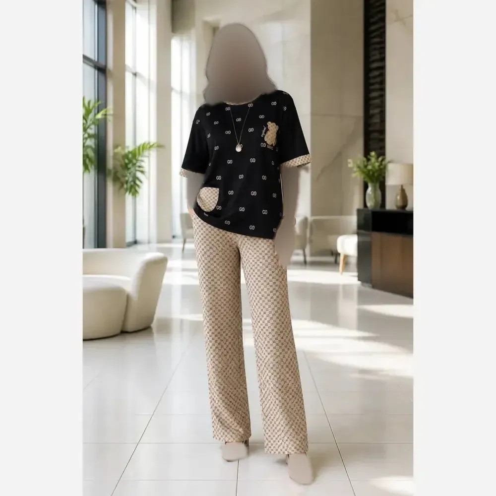 ست تیشرت شلوار گوچی خرسی جنس گلکسی نخ پنبه سایز فری 38 تا 48