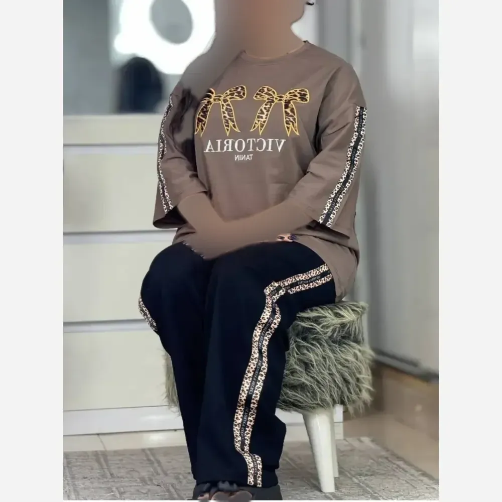 ست تیشرت و شلوار دبل پاپیون پلنگی گلکسی پنبه سایز 38 تا 48