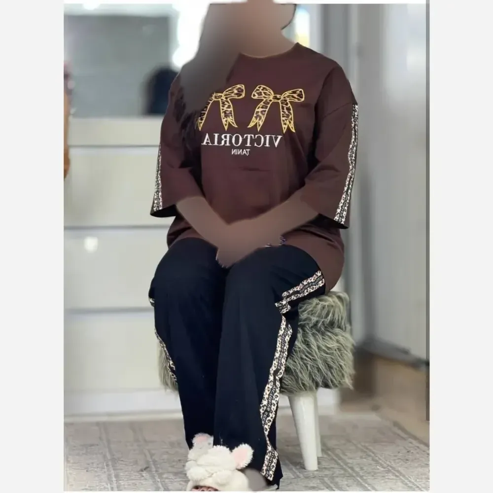 ست تیشرت و شلوار دبل پاپیون پلنگی گلکسی پنبه سایز 38 تا 48
