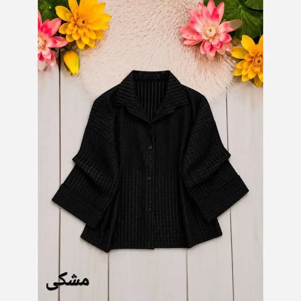شومیز زنانه حصیری شیشه ای آستین سه ربع پاکتی فری سایز مشکی