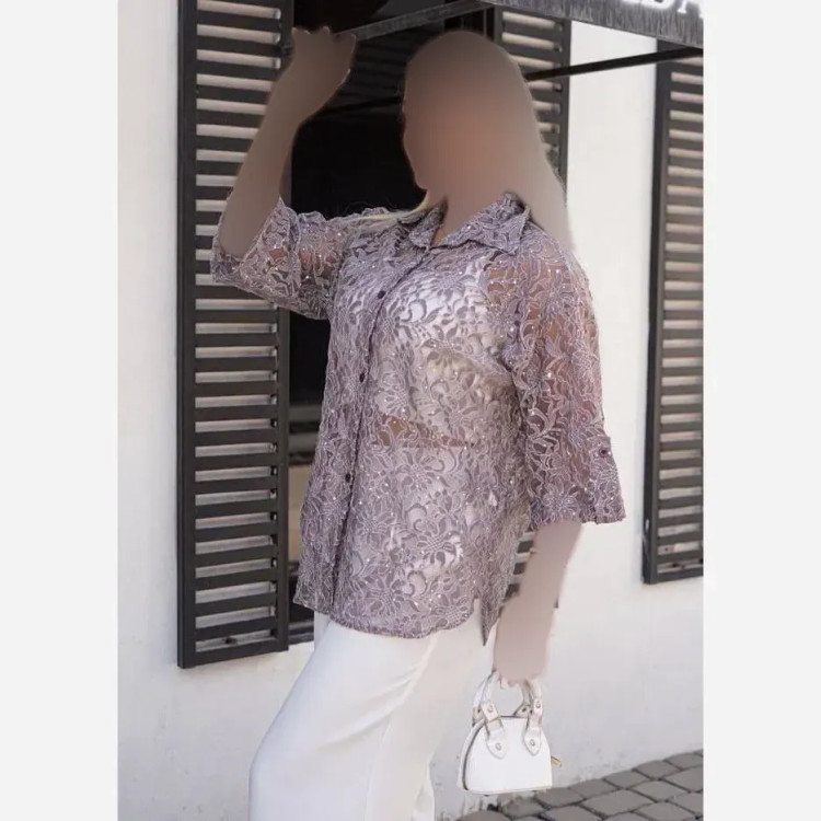 بلوز شومیز زنانه مجلسی آستین سه ربع دانتل شیشه ای فری سایز