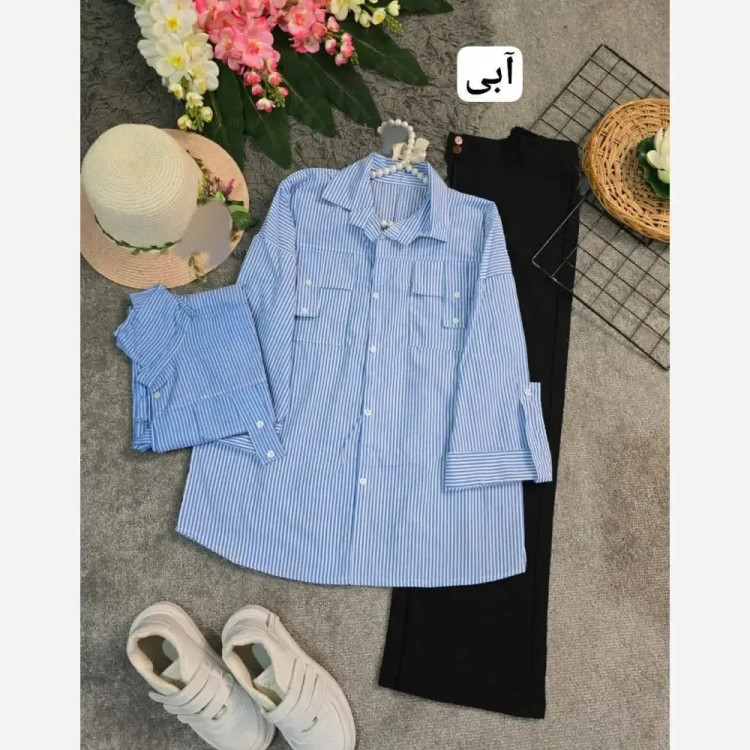 شومیز نخی راه راه جیب صلیبی فری سایز مدل کیمونو