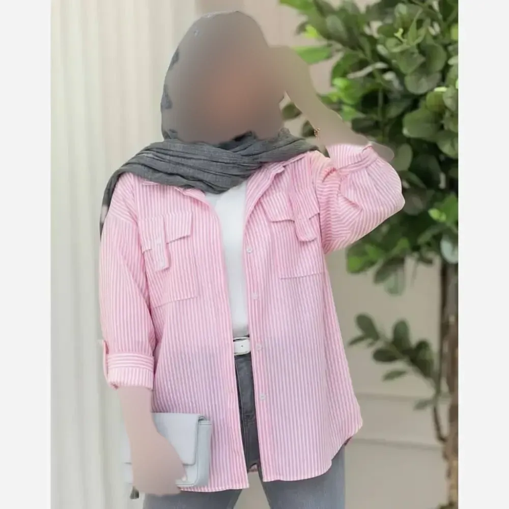 شومیز نخی راه راه جیب صلیبی فری سایز مدل کیمونو