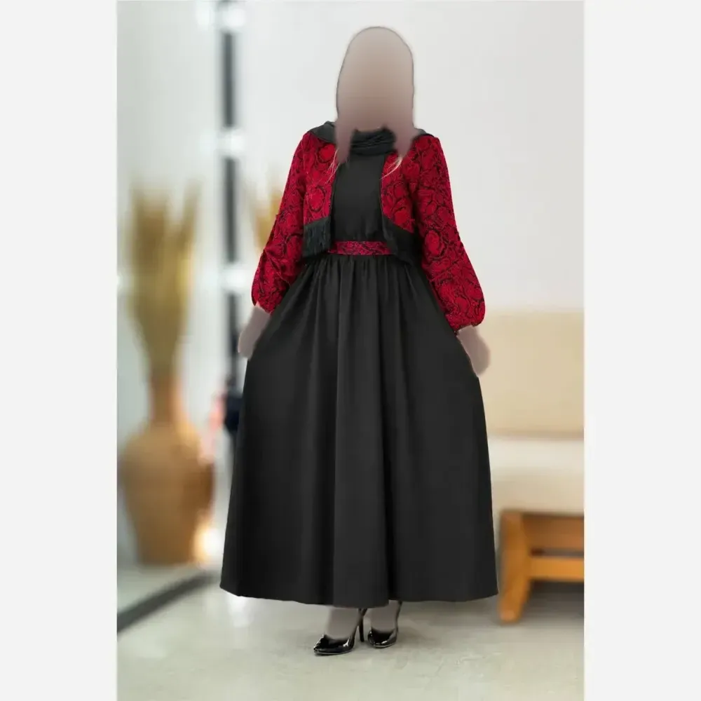 ست کت و سارافون مجلسی زنانه مدل شکرانه جنس تافته سوزن دوزی و کرپ اندونزی فری سایز