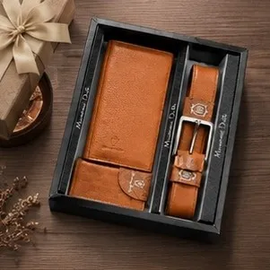 ست هدیه مردانه کیف پول جاکارتی و کمربند چرم صنعتی با جعبه کادویی