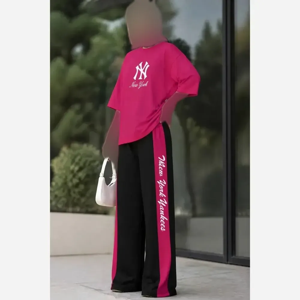 ست تیشرت شلوار NY جنس گلکسی نخ پنبه سایز فری 38 تا 48