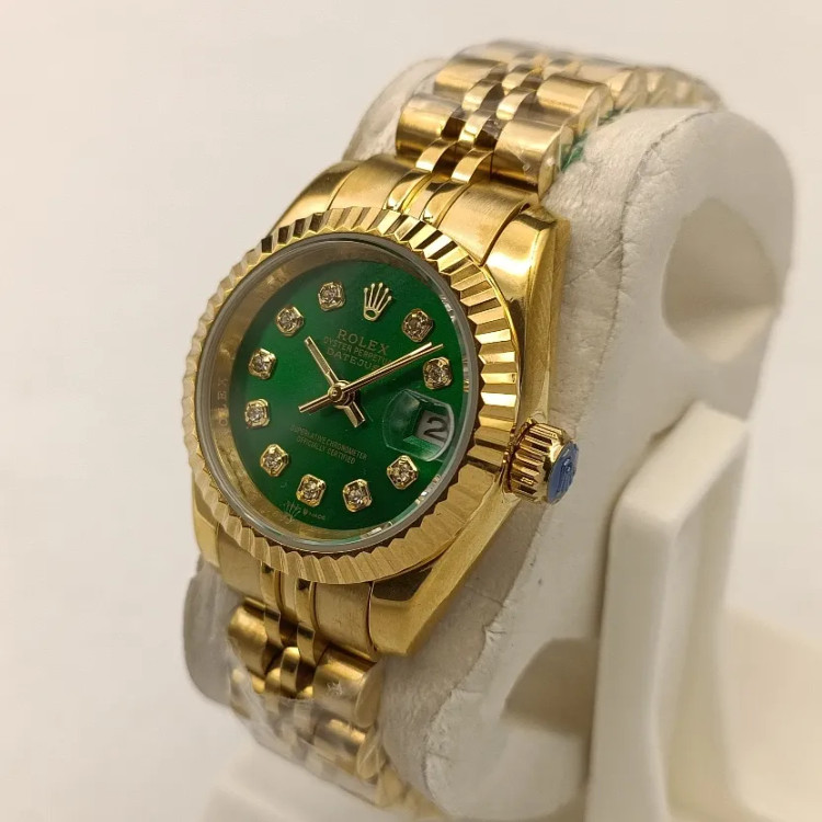 ساعت زنانه رولکس دیت جاست طلایی صفحه سبز نگین دار مستر کوالیتی