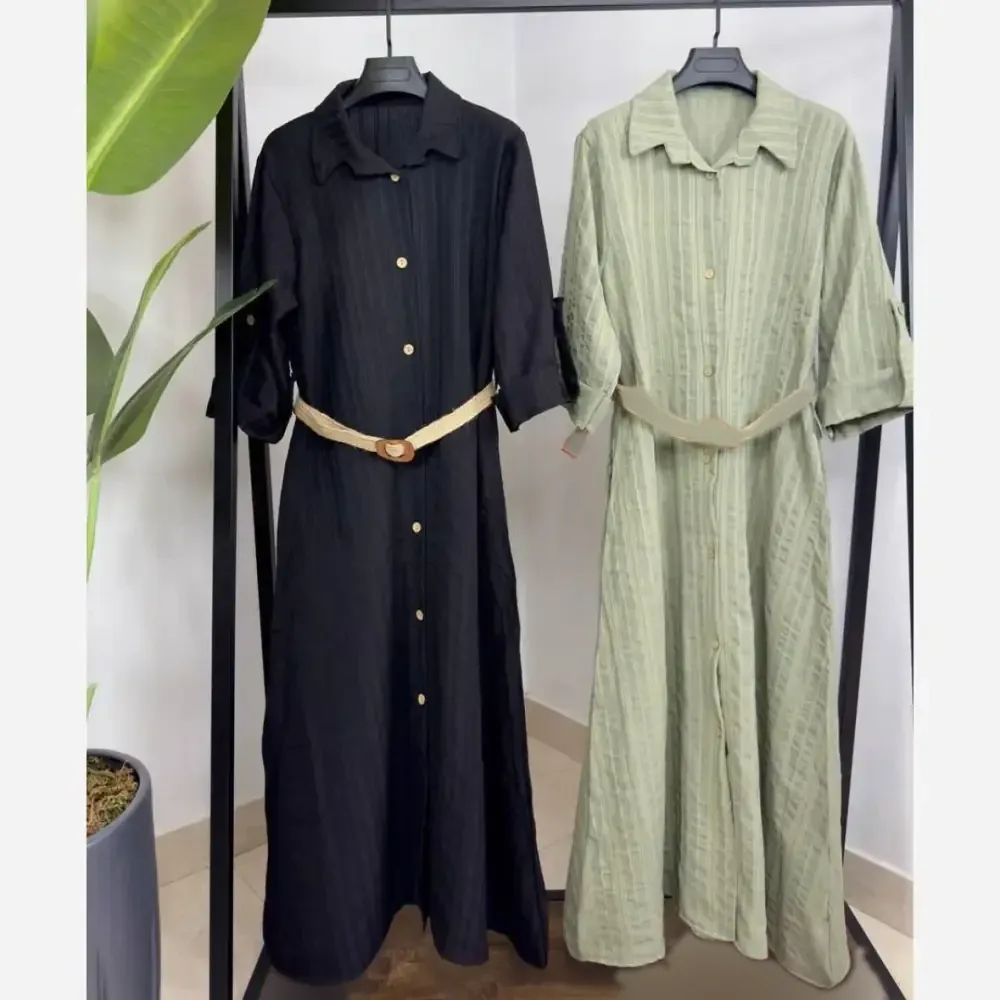 کفتان آفتابگردان جنس شانتون فری سایز رنگ کرم و سبز کمربند دار