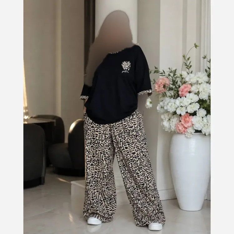 ست تیشرت شلوار پلنگی جنس گلکسی پنبه درجه یک فری سایز