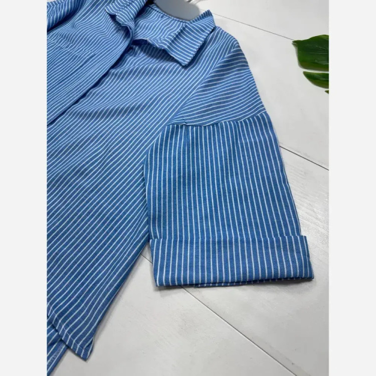 شومیز لنین راه راه مدل نورا رنگ طوسی کرم آبی فری سایز 38 تا 46