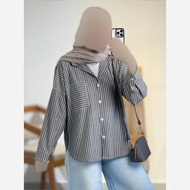 شومیز لنین راه راه مدل نورا رنگ طوسی کرم آبی فری سایز 38 تا 46