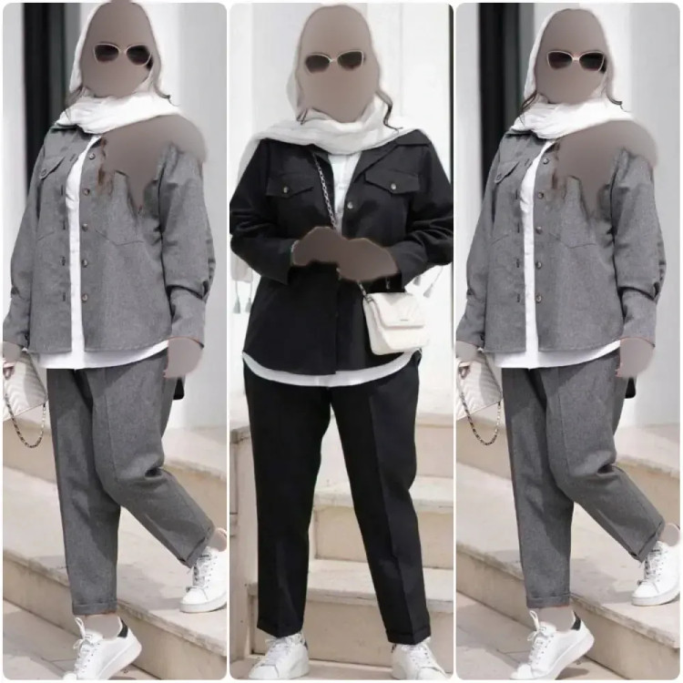 ست مانتو و شلوار زنانه مدل بهارک جنس مکانیک پرشین و شومیز داکرون رنگ مشکی و طوسی سایز فری 38 تا 46