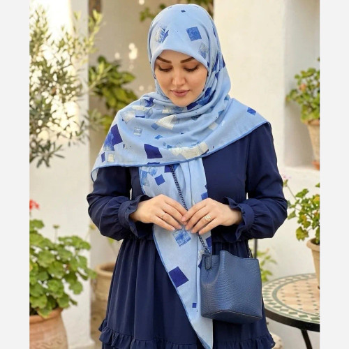 روسری نخ کاستوم طرح باران سایز 140 آبی هندسی اسپرت