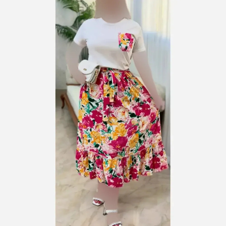 ست تیشرت و دامن پنبه درجه یک و تمام نخ فری سایز زنانه