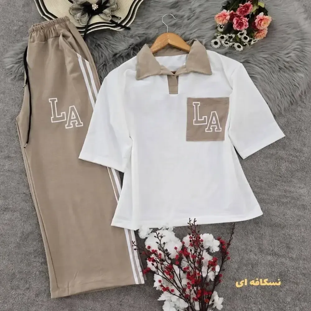 ست تیشرت شلوار نخ پنبه طرح LA فری سایز زنانه