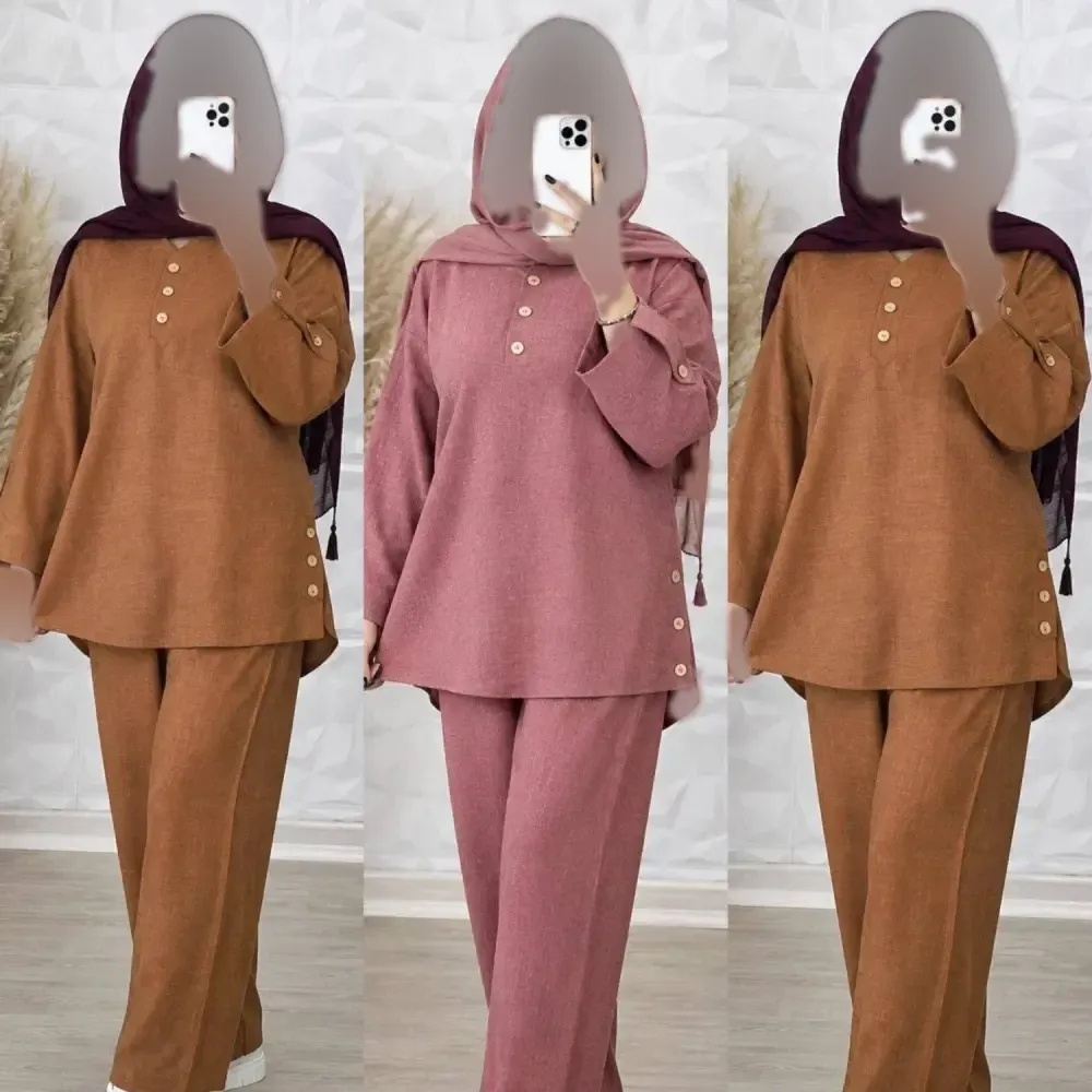 ست شومیز و شلوار زنانه جنس شانتون فری سایز کالباسی آجری