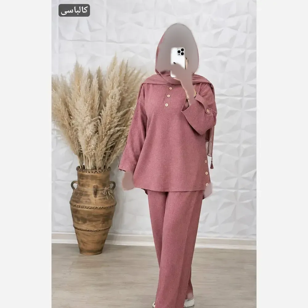 ست شومیز و شلوار زنانه جنس شانتون فری سایز کالباسی آجری