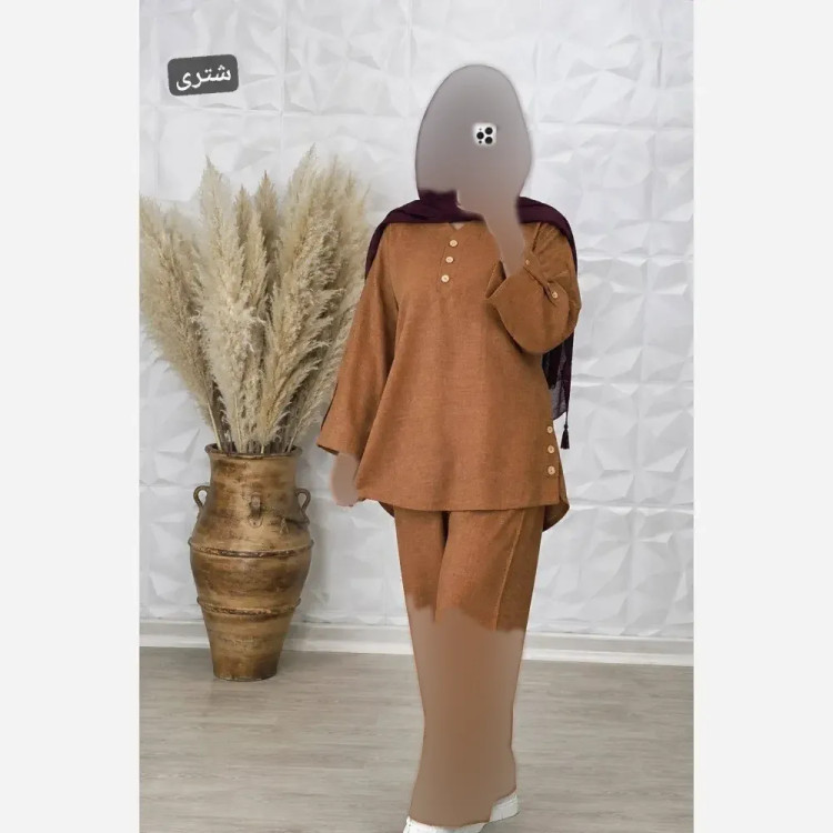 ست شومیز و شلوار زنانه جنس شانتون فری سایز کالباسی آجری