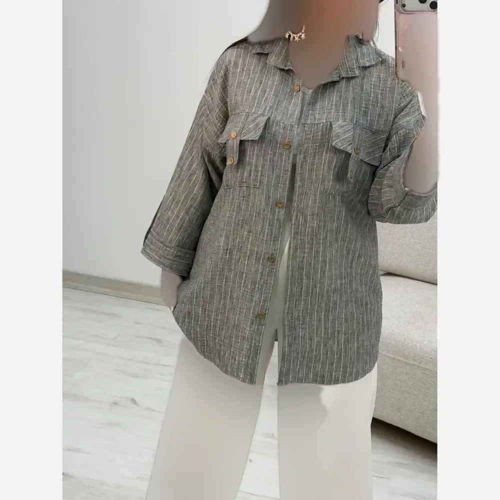 شومیز جیب صلیبی کژال جنس شانتون شاین رنگ طوسی سایز فری 38 تا 48