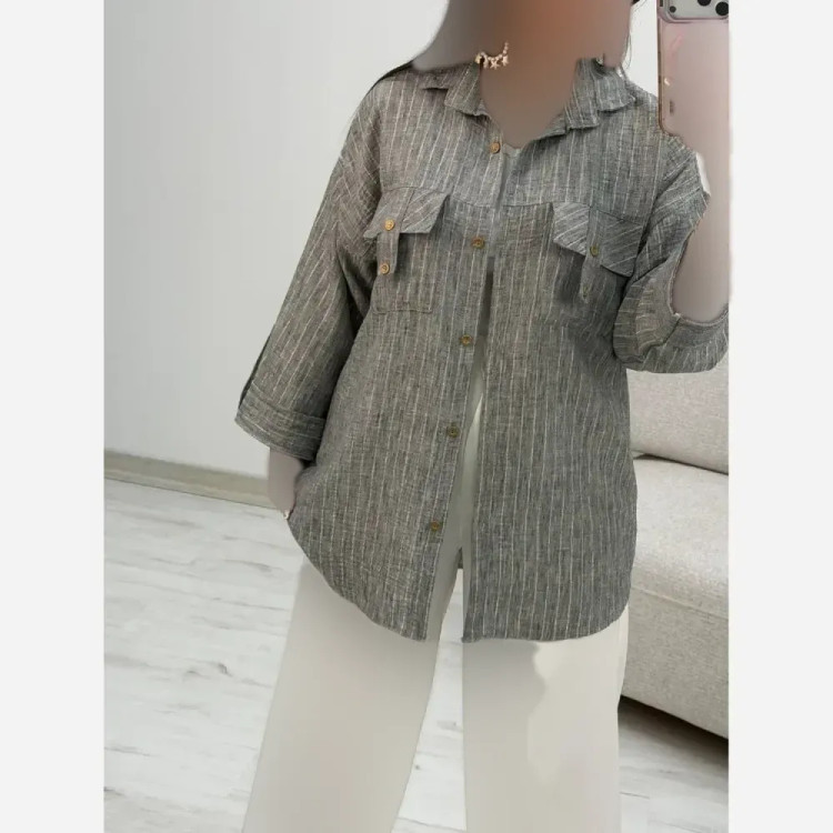 شومیز جیب صلیبی کژال جنس شانتون شاین رنگ طوسی سایز فری 38 تا 48