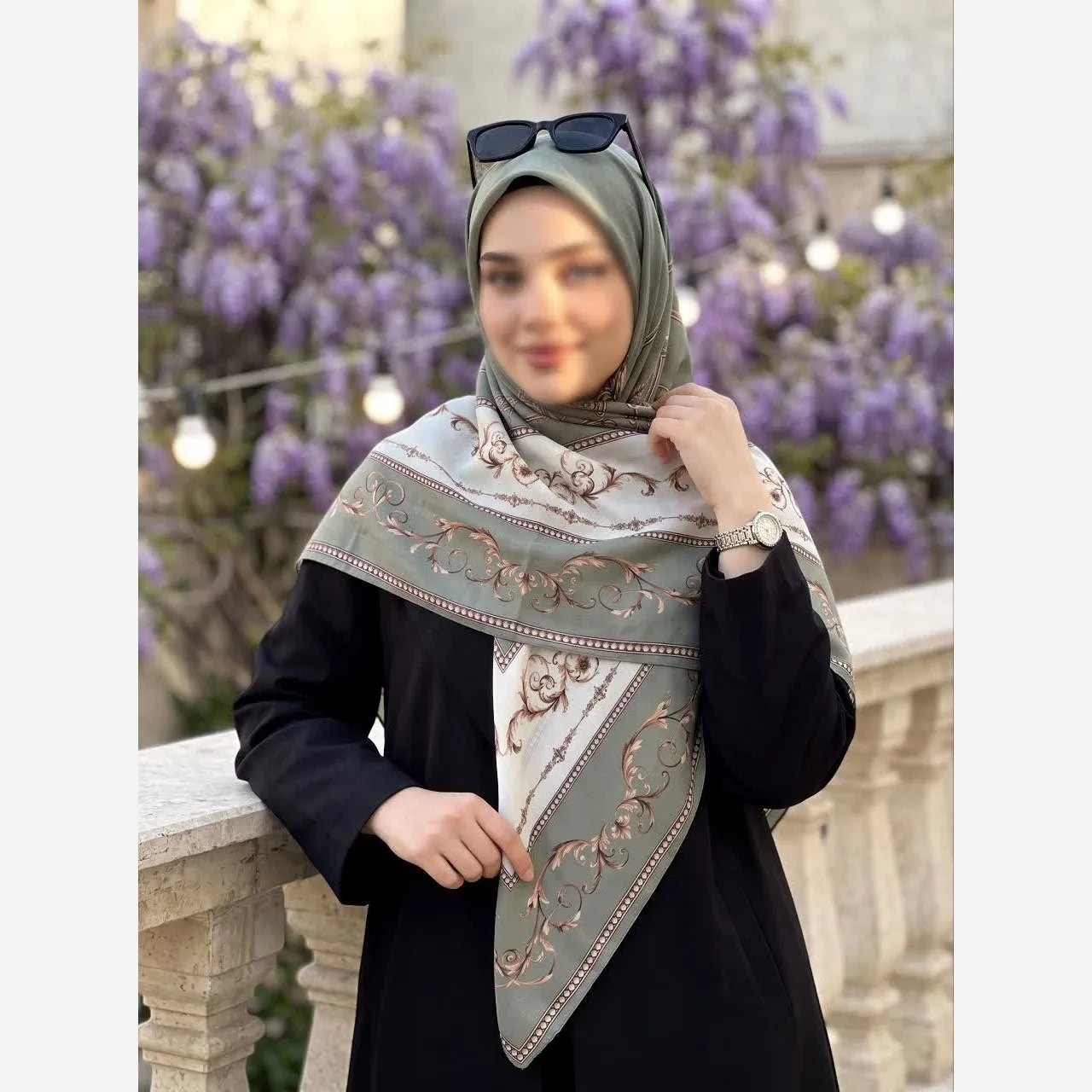 روسری کرپ نخ سبز ماچا قواره بلند