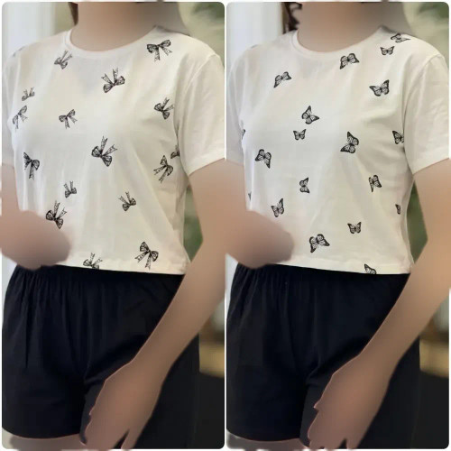 ست تیشرت شلوارک زنانه نخ پنبه درجه یک طرح پاپیون و پروانه سایز فری 36 تا 44