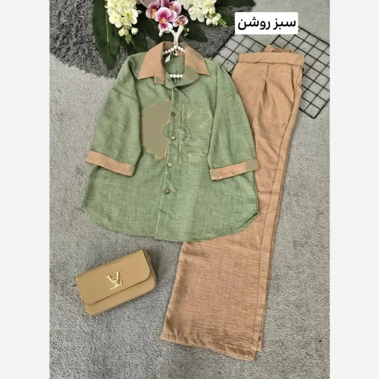 ست شومیز و شلوار زنانه جنس شانتون طرح خورشید سایز فری 38 تا 48