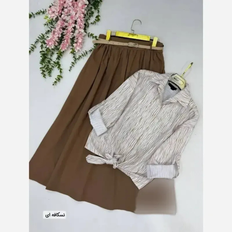 ست شومیز دامن همتا جنس لینن و اسلپ رنگ مشکی نسکافه ای سرمه ای سایز یک و دو
