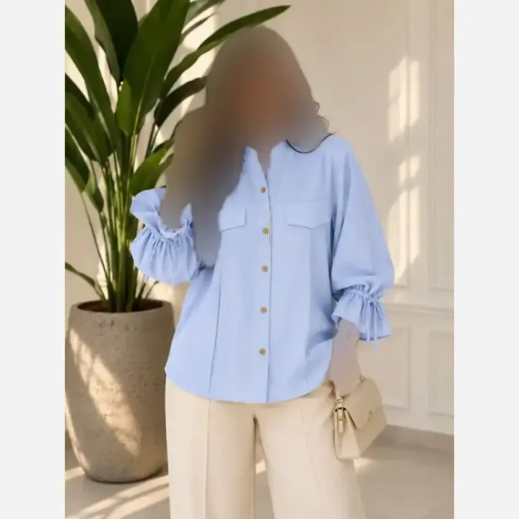شومیز آستین عروسکی لینن پری رنگ کرم فری سایز