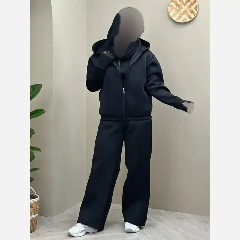 ست سویشرت شلوار دورس سه نخ گرم بالا مشکی سایز فری 38 تا 48