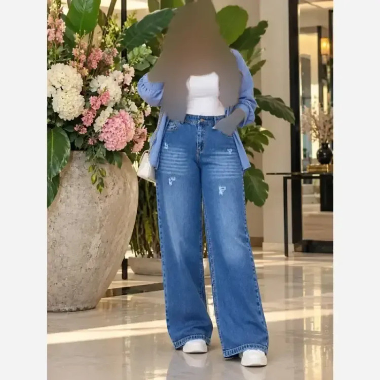 شلوار نیم بگ جین زنانه درجه یک پشت کمر کش سایز بزرگ