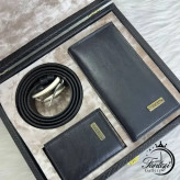 پک هدیه مردانه چرم شامل کیف پول جاکارتی و کمربند رنگ مشکی و عسلی