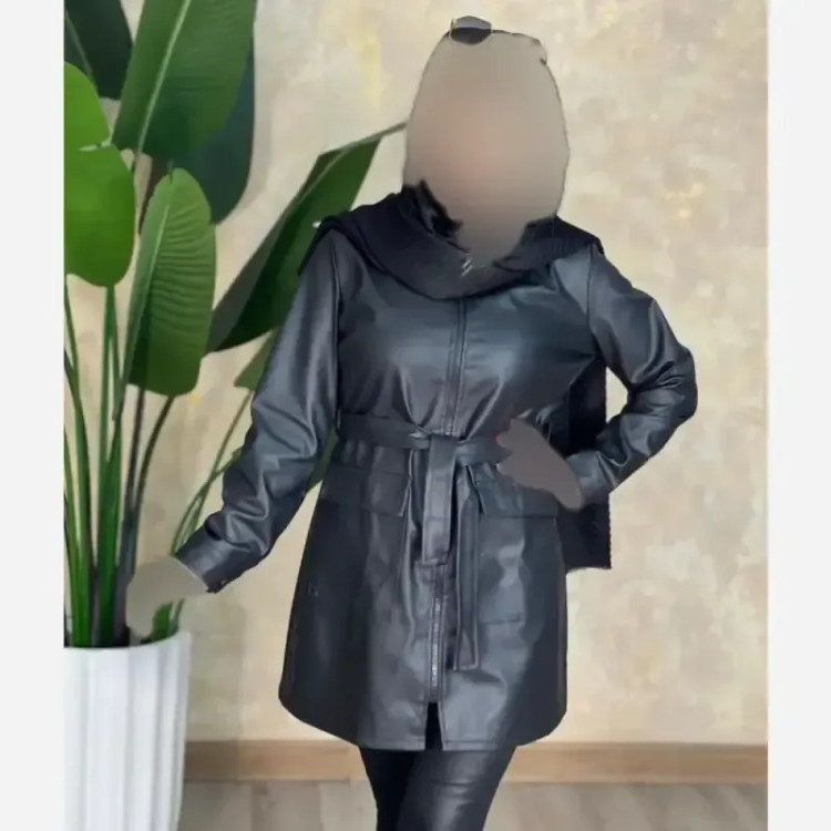 کاپشن چرم زنانه مدل یاشین رنگ مشکی سایز فری 38 تا 46 کمربنددار