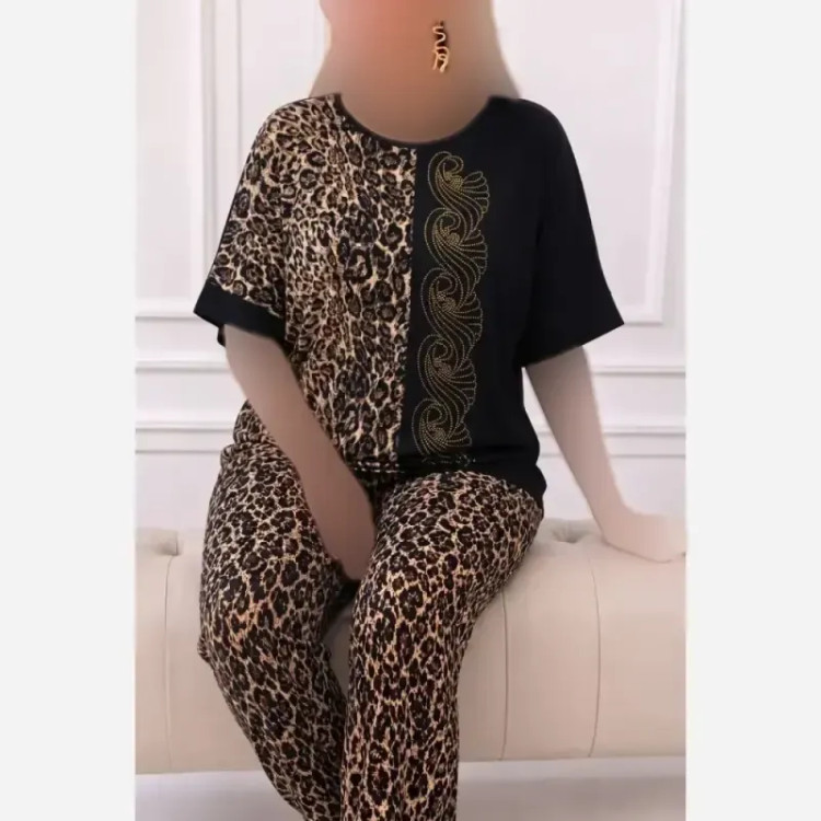 ست لباس راحتی نگار فلامنت گیاهی نگین دار فری سایز 36 تا 50