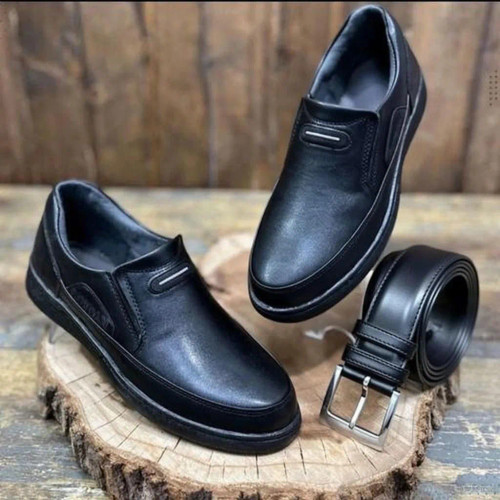 ست کفش و کمربند مردانه مدل جردن رنگ مشکی طبی دوردوخت اشترابل سایز 40 تا 44