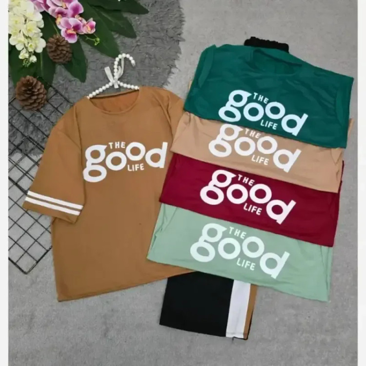 ست تیشرت و شلوار زنانه نخ پنبه گلکسی طرح good سایز فری 36 تا 46
