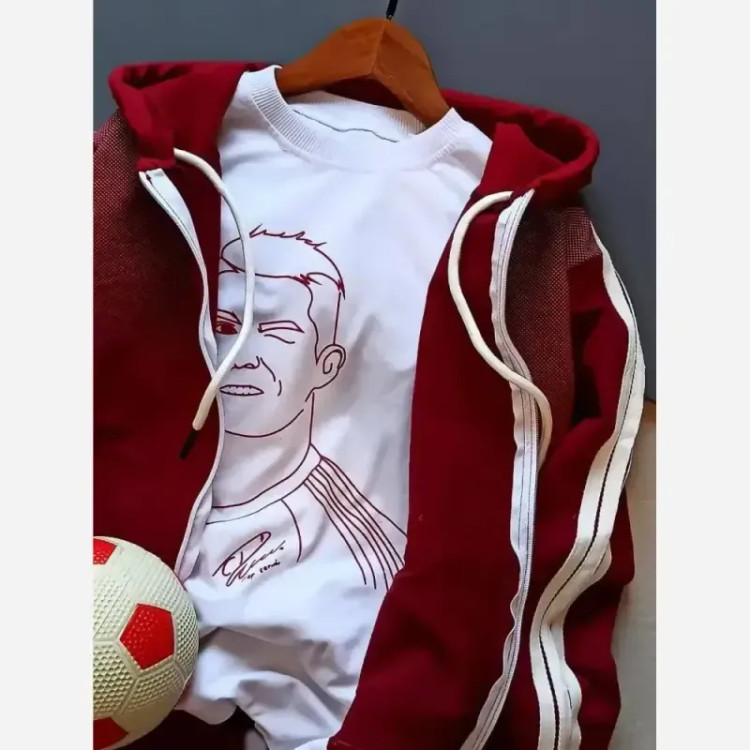 ست هودی شلوار دورس پنبه طرح رونالدو زرشکی سایز 4