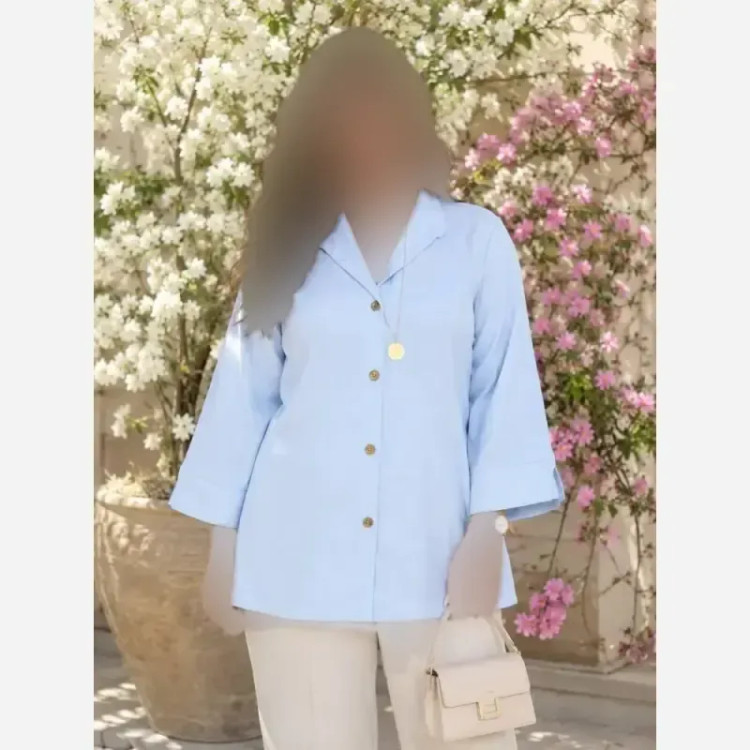 شومیز باکسی لینن پری فری سایز تا 48 خنک رنگ مشکی کرم آبی
