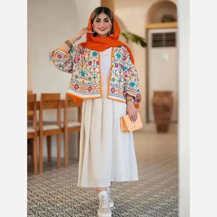 ست کت و دامن لینن فری سایز تا 48 تکرنگ