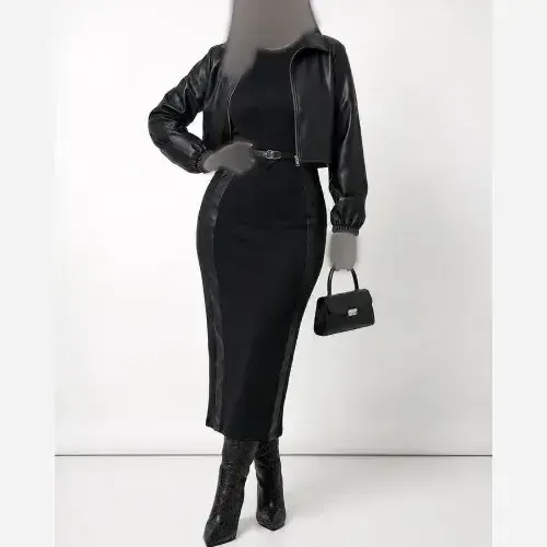 ست کت و سارافون زنانه جنس مازراتی و چرم رنگ قهوه ای و مشکی سایز 38 تا 46