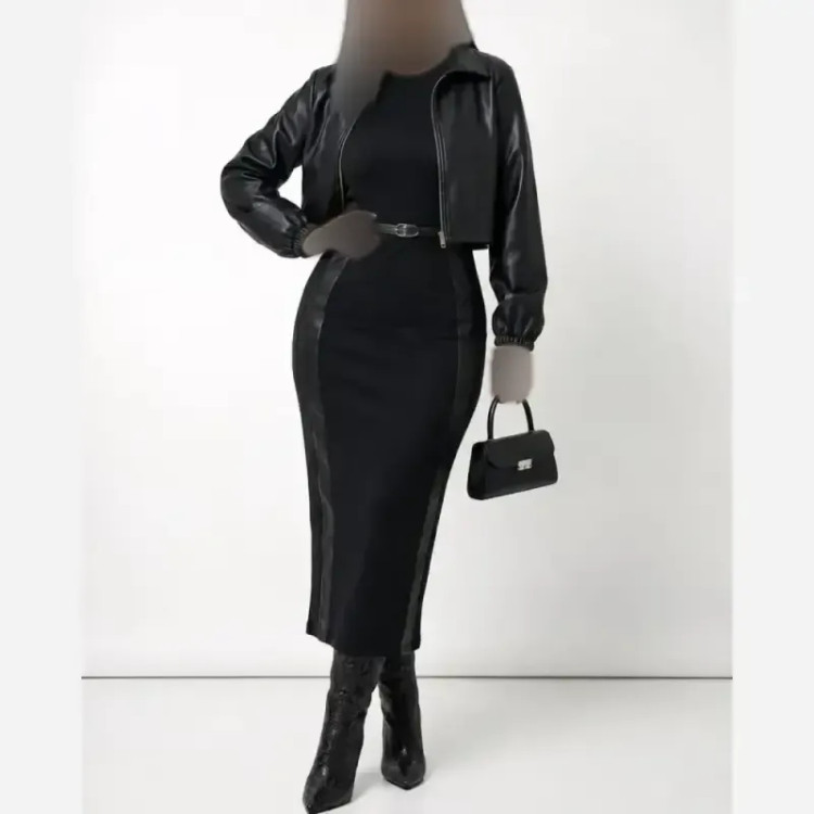 ست کت و سارافون زنانه جنس مازراتی و چرم رنگ قهوه ای و مشکی سایز 38 تا 46