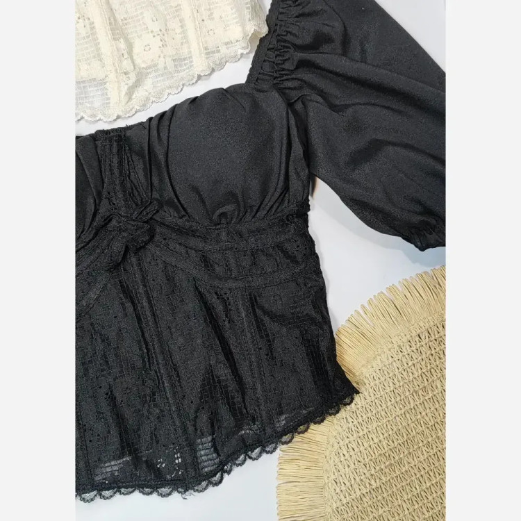 کراپ نیم تنه کاپدار پینترستی آستین پفی جلو تور دانتل فرانسه تک سایز