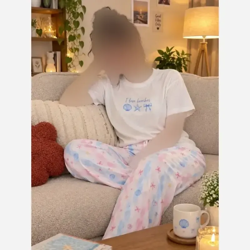 ست راحتی تیشرت نخ پنبه و شلوار کرپ بوگاتی فری سایز دخترانه
