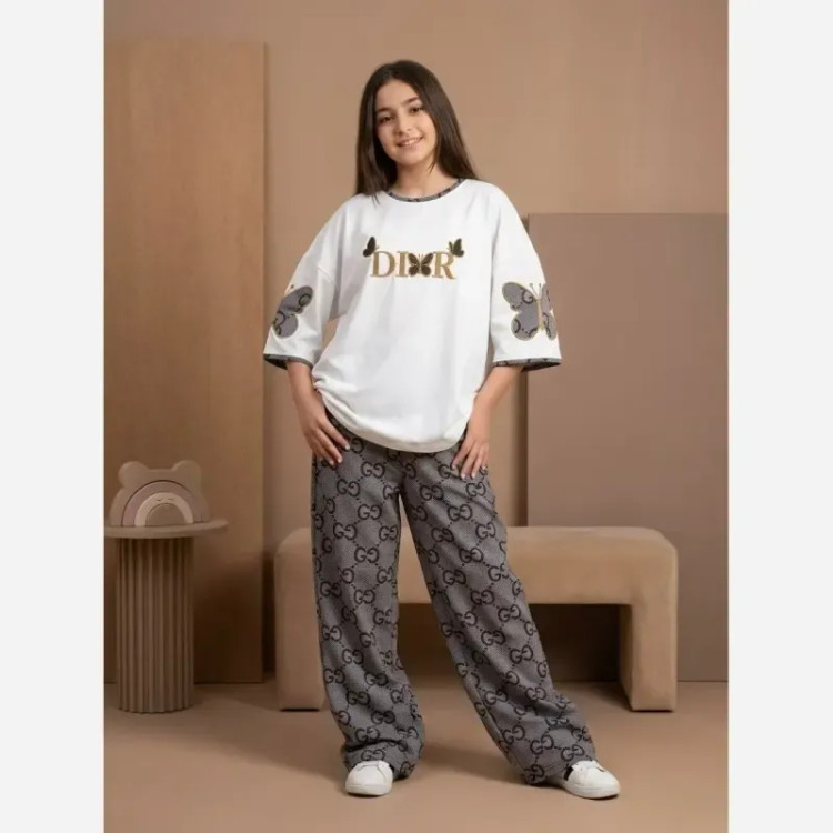 لباس دخترانه تیشرت شلوار لش طرح پروانه سایز 60 تا 70